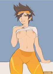 Rule 34 | 1girl, breasts, brown eyes, brown hair, clothes lift, goggles, goggles on head, kalruna, medium breasts, overwatch, shirt lift, short hair, spiked hair, tracer (overwatch)