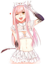 Rule 34 | 1girl, bra, breasts, cleavage, elbow gloves, fate/grand order, fate (series), frills, gloves, groin, long hair, medb (fate), medb (fate), midriff, navel, one eye closed, open mouth, pink hair, riding crop, skirt, tiara, underwear, v, weapon, wink