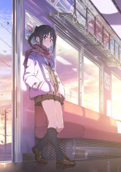 Rule 34 | 1girl, black socks, blazer, blush, brown eyes, brown footwear, brown hair, brown jacket, brown skirt, brown vest, closed mouth, cloud, cloudy sky, domo1220, fringe trim, hands in pockets, jacket, kneehighs, loafers, long sleeves, looking at viewer, open clothes, open jacket, original, plaid, plaid scarf, pleated skirt, power lines, red scarf, scarf, shoes, sidelocks, skirt, sky, socks, solo, sunset, train interior, twintails, utility pole, vest, white jacket, window