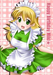 Rule 34 | 00s, 1girl, :d, alternate costume, apron, blonde hair, breasts, dress, enmaided, green dress, green eyes, hoshii miki, idolmaster, idolmaster (classic), idolmaster 1, itsuki sayaka, large breasts, long hair, looking at viewer, maid, maid apron, maid fairy tale, maid headdress, open mouth, smile, solo