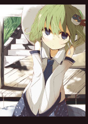Rule 34 | 1girl, ascot, bad id, bad pixiv id, bare shoulders, blue eyes, crie, detached sleeves, female focus, frog, green hair, hair ornament, hat, kochiya sanae, letterboxed, looking at viewer, looking up, short hair, sitting, snake, solo, stairs, sukima (crie), sunlight, touhou, v arms, veranda