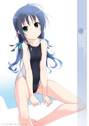 Rule 34 | 1girl, between legs, black one-piece swimsuit, blue hair, breasts, character name, competition swimsuit, covered navel, green eyes, highres, inaba shiki, kantai collection, long hair, looking at viewer, low twintails, one-piece swimsuit, ribbon, sitting, small breasts, solo, suzukaze (kancolle), swimsuit, twintails, two-tone swimsuit, white one-piece swimsuit