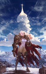 Rule 34 | 1girl, armor, blonde hair, blue eyes, bodysuit, breasts, cloud, cloudy sky, commentary, eyepatch, highres, instant ip, long hair, medium breasts, mountain, parted lips, sky, solo, thick thighs, thighs, very long hair