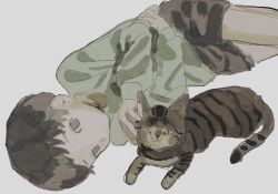 Rule 34 | 1boy, animal, brown cat, brown fur, brown hair, brown shorts, cat, expressionless, green shirt, liii fv, lying, on side, on stomach, original, petting, shirt, shorts, solo, striped fur, white background