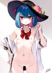 Rule 34 | 1girl, alternate hair length, alternate hairstyle, bar censor, blue hair, bottomless, bow, bowtie, censored, colored inner hair, cowboy shot, flat chest, food, fruit, hair between eyes, hand on own hip, hand up, hat, highres, hinanawi tenshi, ke-ta, looking at viewer, medium hair, multicolored hair, nipples, open clothes, open shirt, parted lips, peach, petite, pink eyes, pink hair, puffy short sleeves, puffy sleeves, red bow, red bowtie, short sleeves, sidelighting, signature, solo, thigh gap, touhou, two-tone hair, undressing