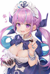 Rule 34 | 1girl, :d, ahoge, anchor symbol, blue nails, blush, braid, breasts, chocolate, cleavage, colored inner hair, douya (233), dress, fingernails, hololive, large breasts, looking at viewer, maid headdress, minato aqua, minato aqua (1st costume), multicolored hair, nail polish, open mouth, purple dress, purple eyes, purple hair, religious offering, ribbon, simple background, smile, solo, streaked hair, two-tone hair, upper body, virtual youtuber, white background