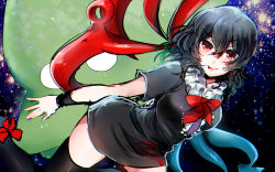Rule 34 | 1girl, asymmetrical wings, black dress, black footwear, black hair, black thighhighs, black wrist cuffs, blue wings, bow, bowtie, center frills, chin, closed mouth, collar, collared dress, commentary request, dress, footwear bow, frilled collar, frills, houjuu nue, leg up, looking at viewer, mary janes, one-hour drawing challenge, red bow, red bowtie, red eyes, red wings, shoes, short dress, short hair, short sleeves, smile, space, star (sky), suzune hapinesu, thighhighs, tomoe (symbol), tongue, tongue out, touhou, ufo, v-shaped eyebrows, wings, wrist cuffs