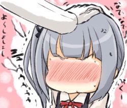 Rule 34 | 10s, 1girl, anger vein, bad id, bad twitter id, blush, bow, bowtie, chibi, commentary request, engiyoshi, full-face blush, grey hair, hand on another&#039;s head, head pat, headpat, kantai collection, kasumi (kancolle), kasumi kai ni (kancolle), side ponytail, solo focus, sweatdrop, translation request, trembling