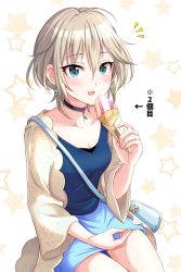 Rule 34 | 1girl, anastasia (idolmaster), bag, blouse, blue eyes, blush, cardigan, choker, collarbone, commentary request, cowboy shot, earrings, food, handbag, highres, ice cream, ice cream cone, idolmaster, idolmaster cinderella girls, jewelry, looking at viewer, open cardigan, open clothes, open mouth, popon ta, shirt, short hair, silver hair, sitting, skirt, smile, solo, star (symbol), starry background, translation request