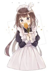 Rule 34 | 1girl, absurdres, apron, black dress, blush, brown eyes, brown flower, brown hair, collared dress, commentary request, covered mouth, dress, english text, flower, hair ornament, highres, holding, holding flower, juliet sleeves, long hair, long sleeves, looking at viewer, maid, maid apron, maid headdress, original, puffy sleeves, rabbit hair ornament, shano-pirika, solo, tulip, very long hair, white apron, white background