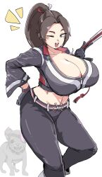 1girl alternate_breast_size animalization black_gloves black_jacket black_pants breasts brown_eyes brown_hair cleavage dog fatal_fury fatal_fury:_city_of_the_wolves female_focus gloves han_juri hand_fan holding holding_fan huge_breasts jacket long_hair looking_at_viewer matching_hair/eyes midriff one_eye_closed open_mouth pants ponytail shiranui_mai smile solo_focus standing street_fighter street_fighter_6 wink zipper