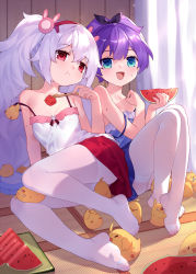 Rule 34 | 2girls, :d, absurdres, animal, azur lane, bare arms, bare shoulders, bird, black ribbon, blue camisole, blue eyes, blue skirt, blush, breasts, camisole, chick, commentary request, curtains, food, fork, hair between eyes, hair ribbon, hairband, highres, holding, holding food, holding fork, indoors, javelin (azur lane), laffey (azur lane), manjuu (azur lane), multiple girls, no shoes, open mouth, pantyhose, purple hair, red eyes, red hairband, red skirt, ribbon, silver hair, skirt, small breasts, smile, thighband pantyhose, tsubasa tsubasa, twintails, watermark, white camisole, white legwear