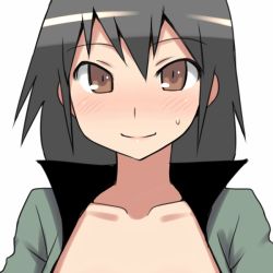Rule 34 | 1girl, aaaa (quad-a), bad id, bad pixiv id, black hair, blush, brown eyes, close-up, coat, collarbone, lips, looking at viewer, naked coat, smile, solo, sweatdrop