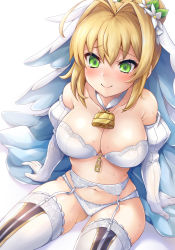 Rule 34 | 1girl, bare shoulders, blonde hair, blush, bra, breasts, cleavage, closed mouth, collarbone, elbow gloves, fate/extra, fate/extra ccc, fate (series), garter belt, gloves, green eyes, hair between eyes, hair intakes, head wreath, highres, large breasts, lock, long hair, looking at viewer, navel, nero claudius (bride) (fate), nero claudius (bride) (second ascension) (fate), nero claudius (fate), nero claudius (fate) (all), padlock, panties, samoore, simple background, smile, solo, swimsuit, thighhighs, thighs, underwear, veil, white background, white bra, white gloves, white panties, white thighhighs, zipper pull tab