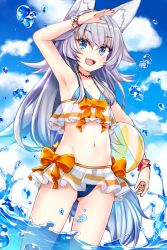 Rule 34 | 1girl, :d, animal ear fluff, animal ears, ball, beachball, bead bracelet, beads, bikini, blue bikini, blue eyes, blue hair, bracelet, breasts, character request, copyright request, day, fang, highres, holding, holding ball, in water, jewelry, kida kuro mu, light blue hair, long hair, open mouth, outdoors, small breasts, smile, swimsuit, tail, wading, water