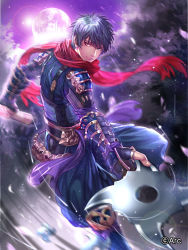 Rule 34 | 1boy, armor, baggy pants, black gloves, blue hair, blue pants, blue shirt, blurry, box (hotpppink), closed mouth, commentary request, company name, fingerless gloves, fingernails, fringe trim, full moon, gloves, highres, holding, holding scroll, holding weapon, japanese armor, lens flare, looking at viewer, male focus, moon, moonlight, motion blur, motion lines, night, night sky, official art, pants, pink eyes, purple sky, red scarf, scarf, scroll, sengoku kishin valkyrie, shirt, shoulder armor, shuriken, sky, smirk, sode, solo, tree, vambraces, weapon