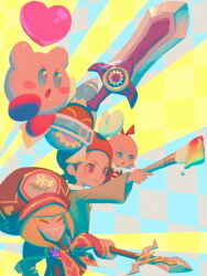 Rule 34 | 3girls, ^ ^, adeleine, animal ears, anniversary, arms up, artist name, bellhenge, belt, belt buckle, belt collar, beret, black gloves, black headwear, black robe, blonde hair, blue background, blue belt, blue eyes, blue hood, blunt bangs, blush stickers, brown hair, buckle, buttons, cape, checkered background, closed eyes, closed mouth, collar, collared dress, collared shirt, colored skin, commentary, covered mouth, disembodied limb, dress, dripping, english commentary, eyelashes, eyeshadow, fairy, gear print, gloves, green shirt, grey background, hair ribbon, hat, heart, heart print, holding, holding heart, holding paintbrush, holding polearm, holding sword, holding weapon, huge weapon, jumping, kirby, kirby: star allies, kirby (series), long sleeves, magolor, makeup, mask, mouth mask, multiple girls, nintendo, open mouth, outstretched arm, paint, paintbrush, pink eyes, pink hair, pink skin, polearm, rainbow gradient, rayman limbs, red dress, red footwear, red headwear, red ribbon, ribbon, ribbon (kirby), robe, scarf, shirt, shoes, smile, solid oval eyes, sword, two-tone background, v-shaped eyebrows, weapon, white cape, white collar, white gloves, white mask, white scarf, wide sleeves, yellow eyeshadow, yellow trim, zan partizanne