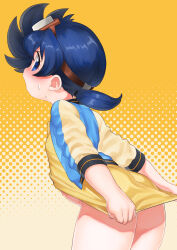 1girl blue_eyes blue_hair blush clothes_lift cowboy_shot dotted_background from_behind goggles goggles_on_head highres leaning_forward legs_together looking_to_the_side medium_hair mizuno_uchi no_panties no_pants open_clothes original shirt shirt_lift short_ponytail solo standing sweat three_quarter_view white_background yellow_background yellow_shirt