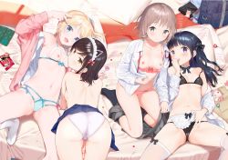 Rule 34 | 2020, 2girls, 4girls, apron, ass, black bra, black hair, black panties, blonde hair, blue eyes, blue panties, blue skirt, blush, bra, bra pull, breasts, brown eyes, candy, clothes pull, comic bavel, cupless bra, dated, dress shirt, english text, food, grey skirt, hand to own mouth, headdress, highres, holding, holding candy, holding food, holding lollipop, hood, hoodie, kneeling, light brown hair, lollipop, long hair, long sleeves, looking at viewer, looking back, lying, multiple girls, navel, nipples, non-web source, off shoulder, on back, on bed, on stomach, open clothes, open hoodie, open shirt, original, panties, pillow, pink bra, pink panties, pleated skirt, purple eyes, school uniform, see-through, sekiya asami, shirt, short hair, skirt, small breasts, smile, string panties, thighhighs, topless, underwear, w, w over eye, waist apron, white legwear, white panties, white shirt