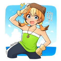 Rule 34 | 1girl, :d, bandaid, bandaid on face, bandaid on nose, blue eyes, blue sky, brown gloves, brown hair, cloud, cloudy sky, commentary request, compass, fang, gloves, gradient hair, hand on own hip, humanization, jewelry, looking at viewer, low twintails, marine the raccoon, miisa shion, multicolored hair, necklace, ocean, open mouth, orange hair, salute, shirt, skin fang, sky, smile, sonic (series), sonic rush adventure, strapless, strapless shirt, translation request, twintails