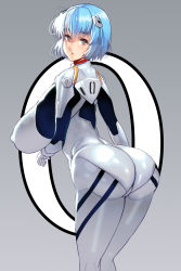 Rule 34 | 1girl, absurdres, ass, ayanami rei, blue hair, blush, bodysuit, breasts, cameltoe, from behind, gloves, headgear, highres, huge ass, huge breasts, kouno (masao), looking at viewer, neon genesis evangelion, plugsuit, red eyes, shiny clothes, short hair, sideboob, skin tight, solo
