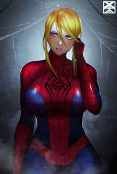 Rule 34 | 1girl, absurdres, blonde hair, blue eyes, bodysuit, breasts, crossover, hand in own hair, hand up, highres, large breasts, marvel, metroid, metroid (creature), nintendo, ponytail, samus aran, silk, skin tight, solo, spider-man, spider-man (series), spider web, superhero costume, teeth, tight clothes, xuuikie ashe