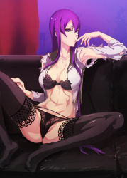 Rule 34 | 1girl, abs, arm up, armpits, black bra, black panties, black thighhighs, blue eyes, bra, breasts, busujima saeko, cleavage, closed mouth, collarbone, couch, eru, female focus, garter straps, groin, hair between eyes, hand on leg, highres, highschool of the dead, indoors, lace, lace-trimmed bra, lace-trimmed legwear, lace trim, leaning back, linea alba, lingerie, lips, long hair, looking at viewer, midriff, narrow waist, panties, purple hair, school uniform, serafuku, sidelocks, sitting, solo, spread legs, stomach, thighhighs, toned, torn clothes, underwear, very long hair