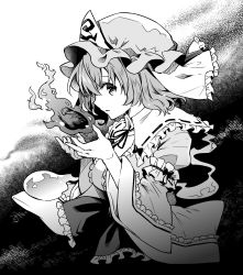 Rule 34 | 1girl, absurdres, frills, from side, ghost, greyscale, hat, highres, japanese clothes, kapuchii, kimono, long sleeves, looking at viewer, mob cap, monochrome, open mouth, ribbon trim, saigyouji yuyuko, short hair, solo, touhou, triangular headpiece, upper body, wide sleeves