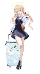 Rule 34 | 1girl, absurdres, airport, alternate costume, bag, black dress, black footwear, blonde hair, blue archive, blush, boots, breasts, brown bag, collared shirt, commentary, double-parted bangs, dress, full body, hair between eyes, hair intakes, halo, hifumi (blue archive), highres, holding, holding suitcase, leg up, light brown hair, long hair, long sleeves, looking at viewer, low twintails, okey, open mouth, peroro (blue archive), pinafore dress, puffy long sleeves, puffy sleeves, rolling suitcase, shirt, shoes, short dress, shoulder bag, simple background, sleeveless, sleeveless dress, small breasts, smile, solo, standing, standing on one leg, suitcase, teeth, twintails, upper teeth only, v, white background, white shirt, wing hair ornament, winged halo, yellow eyes, yellow halo