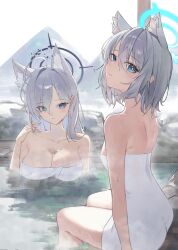 Rule 34 | 2girls, absurdres, alternate form, blue archive, blue eyes, breasts, butt crack, cleavage, grey hair, highres, large breasts, long hair, looking at viewer, may.l, multiple girls, onsen, partially submerged, shiroko (blue archive), shiroko terror (blue archive), short hair, steam, towel, water