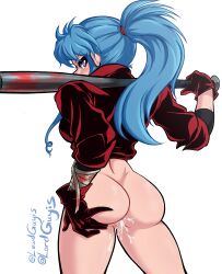 Rule 34 | 1girl, absurdres, after vaginal, aftersex, artist name, ass, ass grab, bandages, baseball bat, blue hair, blush, botan (yu yu hakusho), bottomless, breasts, carrying over shoulder, cleft of venus, cum, cum in pussy, cum overflow, cumdrip, dimples of venus, feet out of frame, female focus, from behind, gloves, grabbing own ass, high ponytail, highres, legs, legs apart, long hair, looking back, lord guyis, medium breasts, no panties, over shoulder, pink eyes, pussy, simple background, solo, standing, thighs, uncensored, white background, yuu yuu hakusho