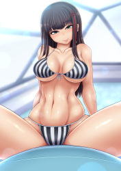 Rule 34 | 10s, 1girl, abs, bare shoulders, bikini, black hair, breasts, cleavage, collarbone, green eyes, highres, large breasts, long hair, looking at viewer, medium breasts, navel, persona, persona 5, ponponmaru, smile, solo, spread legs, striped bikini, striped clothes, swimsuit, thighs, tougou hifumi, vertical-striped bikini, vertical-striped clothes