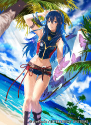 Rule 34 | 1girl, armpits, bare shoulders, beach, blue eyes, blue hair, cloud, commentary request, day, fire emblem, fire emblem awakening, fire emblem cipher, hairband, innertube, long hair, lucina (fire emblem), mayo (becky2006), midriff, navel, nintendo, official art, palm tree, sandals, short shorts, shorts, sky, solo, swim ring, tree, water, wet