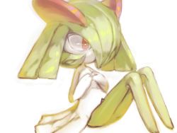 Rule 34 | 1girl, colored skin, creatures (company), female focus, flat chest, full body, game freak, gen 3 pokemon, green hair, green skin, hair over one eye, hands up, kirlia, knees up, looking to the side, lowres, medium hair, multicolored skin, nintendo, one eye covered, own hands together, oyama yoihaya, pokemon, pokemon (creature), red eyes, simple background, sitting, solo, two-tone skin, white background, white skin