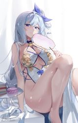 Rule 34 | 1girl, absurdres, artist name, bare legs, blue hair, blush, breasts, china dress, chinese clothes, choyeon, cleavage, closed mouth, commission, dress, eyebrows hidden by hair, food, gloves, hair ribbon, half gloves, halterneck, hand fan, high heels, highres, large breasts, long hair, macaron, no panties, one side up, original, paper fan, pelvic curtain, purple eyes, revealing clothes, ribbon, second-party source, shiny skin, single glove, sitting, smile, solo, uchiwa, very long hair, white gloves, yuksi (yuksi)