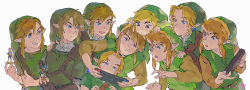 Rule 34 | 6+boys, amiibo, blonde hair, blue eyes, character doll, green tunic, handheld game console, highres, link, lip (lih8), looking at another, male focus, multiple boys, multiple persona, nintendo, nintendo switch, open mouth, pointy ears, princess zelda, sheikah slate, simple background, smile, strap, the legend of zelda, the legend of zelda: a link to the past, the legend of zelda: breath of the wild, the legend of zelda: ocarina of time, the legend of zelda: skyward sword, the legend of zelda: the wind waker, the legend of zelda: twilight princess, the legend of zelda (nes), toon link, upper body, young link