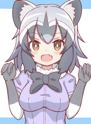 Rule 34 | 1girl, :d, animal ear fluff, animal ears, black bow, black bowtie, black hair, blush, bow, bowtie, breasts, brown eyes, commentary request, common raccoon (kemono friends), fang, fur collar, grey hair, hands up, highres, kemono friends, looking at viewer, medium breasts, multicolored hair, open mouth, puffy short sleeves, puffy sleeves, purple shirt, raccoon ears, shirt, short sleeves, smile, solo, sunanuko (ramuneko), two-tone hair, upper body, white hair