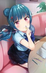 Rule 34 | 10s, 1girl, blue bow, blue bowtie, blush, book, bow, bowtie, character doll, character name, collared shirt, commentary request, dated, di gi charat, food-themed hair ornament, gema, hair bun, hair ornament, hairpin, happy birthday, long hair, looking at viewer, love live!, love live! school idol festival, love live! sunshine!!, mechanical pencil, micopp, open book, pen, pencil, pencil to face, purple eyes, shirt, short sleeves, side bun, single side bun, sitting, skirt, smile, solo, strawberry hair ornament, table, tsushima yoshiko, x hair ornament