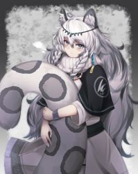 Rule 34 | 1girl, animal ear fluff, animal ears, arknights, bead necklace, beads, belt, black belt, black capelet, blush, capelet, commentary request, cowboy shot, dress, grey eyes, hair between eyes, head chain, highres, holding tail, jewelry, large tail, leopard ears, leopard tail, long hair, long sleeves, looking at viewer, necklace, partial commentary, pramanix (arknights), scarf, silver hair, solo, standing, tail, very long hair, white dress, white scarf, wristband, yonaga san