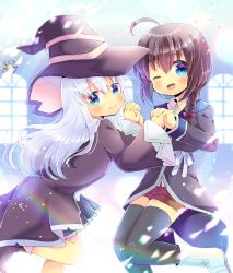 Rule 34 | 2girls, ;d, ahoge, black footwear, black headwear, black legwear, black robe, black skirt, blue eyes, blush, boots, bow, braid, brown hair, character request, closed mouth, collared shirt, cosplay, dress shirt, elaina (majo no tabitabi), elaina (majo no tabitabi) (cosplay), frilled skirt, frills, hair between eyes, hair bow, hat, hibiki (kancolle), holding hands, interlocked fingers, kantai collection, kou hiyoyo, long sleeves, looking at viewer, majo no tabitabi, multiple girls, one eye closed, open clothes, open mouth, open robe, parted lips, pleated skirt, red bow, red shorts, robe, shigure (kancolle), shirt, short shorts, shorts, silver hair, single braid, skirt, smile, thighhighs, thighhighs under boots, white footwear, white shirt, wide sleeves, window, witch hat