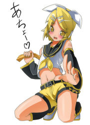 Rule 34 | 1girl, alternate eye color, arm warmers, belt, blonde hair, blouse, blush, bow, carrying, carrying under arm, fang, from below, full body, hair bow, hair ornament, hairclip, headphones, heart, holding, kagamine rin, kagamine rin (if), kneeling, leg warmers, looking at viewer, microphone, midriff, navel, reaching, ribbon, sailor collar, shirt, short hair, shorts, simple background, sleeveless, solo, stomach, swept bangs, tattoo, toudori, vocaloid, white background, white bow, white shirt, yellow ribbon, yellow shorts