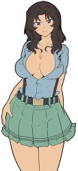 Rule 34 | 1girl, aoshidan school uniform, arm behind back, black eyes, black hair, blue shirt, breasts, cleavage, closed mouth, collared shirt, commentary request, cowboy shot, dark skin, dark-skinned female, el (girls und panzer), girls und panzer, green skirt, hair intakes, half-closed eyes, hand on own hip, hanzawa821, highres, large breasts, long hair, looking at viewer, miniskirt, partially unbuttoned, pleated skirt, school uniform, shirt, short sleeves, simple background, skirt, smile, solo, standing, suspender skirt, suspenders, white background