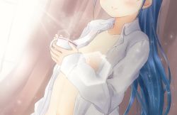 Rule 34 | alternate costume, blue hair, breasts, collarbone, commentary request, cup, curtains, holding, holding cup, kantai collection, light rays, long hair, mae (maesanpicture), naked shirt, out of frame, samidare (kancolle), shirt, small breasts, smile, very long hair, white shirt
