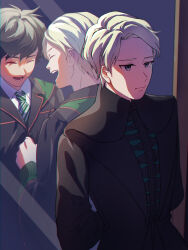 Rule 34 | 2boys, albus severus potter, black hair, black robe, blonde hair, blue eyes, closed eyes, different reflection, harry potter (series), harry potter and the cursed child, highres, hogwarts school uniform, mirror, multiple boys, necktie, reflection, robe, school uniform, scorpius malfoy, short hair, slytherin, striped necktie, time paradox, wizarding world, yadu yaichi811