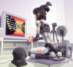 Rule 34 | 1girl, android, bad id, bad pixiv id, black hair, controller, hand fan, gradius, indoors, joints, kneeling, konami, mechanical parts, options, original, playing games, ponytail, robot joints, short hair, solo, sukabu, television, wire
