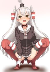 Rule 34 | 1girl, amatsukaze (kancolle), ass, black panties, blush, brown eyes, cameltoe, choker, dress, fang, full body, garter straps, gloves, hair between eyes, hair tubes, hat, kantai collection, kumadano, legs, lifebuoy, long hair, looking at viewer, mini hat, open mouth, panties, red thighhighs, sailor dress, short dress, silver hair, simple background, single glove, smoke, smokestack, smokestack hair ornament, solo, spread legs, squatting, striped clothes, striped thighhighs, swim ring, thighhighs, thighs, two side up, underwear, white background, white gloves