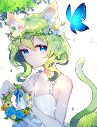 Rule 34 | 1girl, :o, ahoge, animal, animal ears, artist name, aya (aya op10s), bare arms, bare shoulders, blue bow, blue eyes, blue flower, blue rose, bow, bug, butterfly, cat ears, cat tail, collarbone, commentary request, dress, flower, flower wreath, green hair, hair between eyes, head tilt, head wreath, holding, insect, long hair, looking at viewer, original, parted lips, petals, pink flower, pink rose, rose, signature, sleeveless, sleeveless dress, solo, sparkle, tail, white dress, white flower, yellow flower