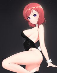 Rule 34 | 1girl, alternate costume, arm support, bare legs, black bow, black bowtie, black footwear, black leotard, bow, bowtie, breasts, closed mouth, detached collar, from side, high heels, highres, leaning, leg up, legs, leotard, light particles, looking at viewer, looking to the side, love live!, love live! school idol project, medium breasts, medium hair, nishikino maki, no animal ears, playboy bunny, purple eyes, rabbit tail, red hair, sideboob, solo, tail, thighs, yisusjpl