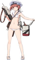 Rule 34 | 1girl, anchor, beer bottle, beret, bikini, bottle, cooler, female focus, full body, gluteal fold, hat, holding, holding weapon, kantai collection, machinery, mechanical parts, navel, official art, red eyes, red hair, ribbon, sailor bikini, sailor collar, sandals, shimada fumikane, side-tie bikini bottom, smile, smiley face, solo, standing, strap, string bikini, swimsuit, thigh gap, thighs, transparent background, trigger discipline, weapon, white bikini, white hat, z3 max schultz (kancolle)