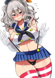 Rule 34 | 10s, 1girl, bare shoulders, blue eyes, blush, breasts, cameltoe, cleavage, cosplay, curvy, elbow gloves, flying sweatdrops, gloves, hat, kantai collection, kashima (kancolle), large breasts, long hair, looking at viewer, navel, perepere-kun, shimakaze (kancolle), shimakaze (kancolle) (cosplay), sideboob, silver hair, simple background, skindentation, smile, solo, striped clothes, striped thighhighs, thick thighs, thigh gap, thighhighs, thighs, wavy mouth, white background, wide hips